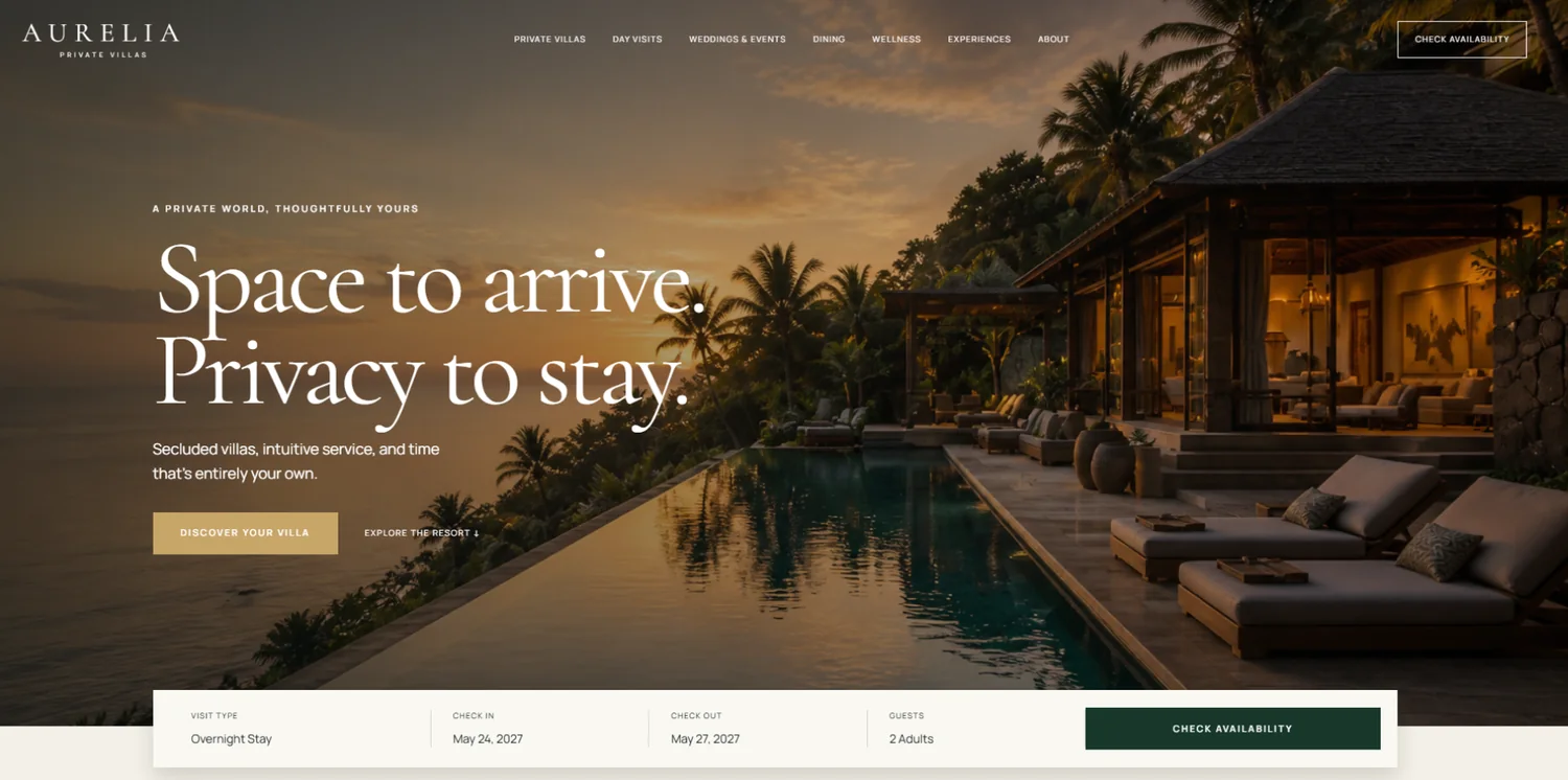 Luxury resort website displayed on a desktop screen