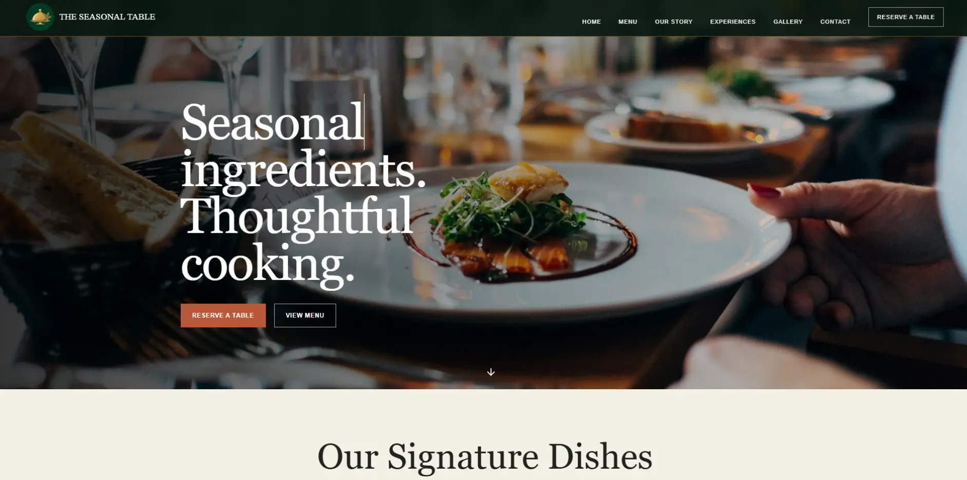 The Seasonal Table restaurant website featuring seasonal cuisine