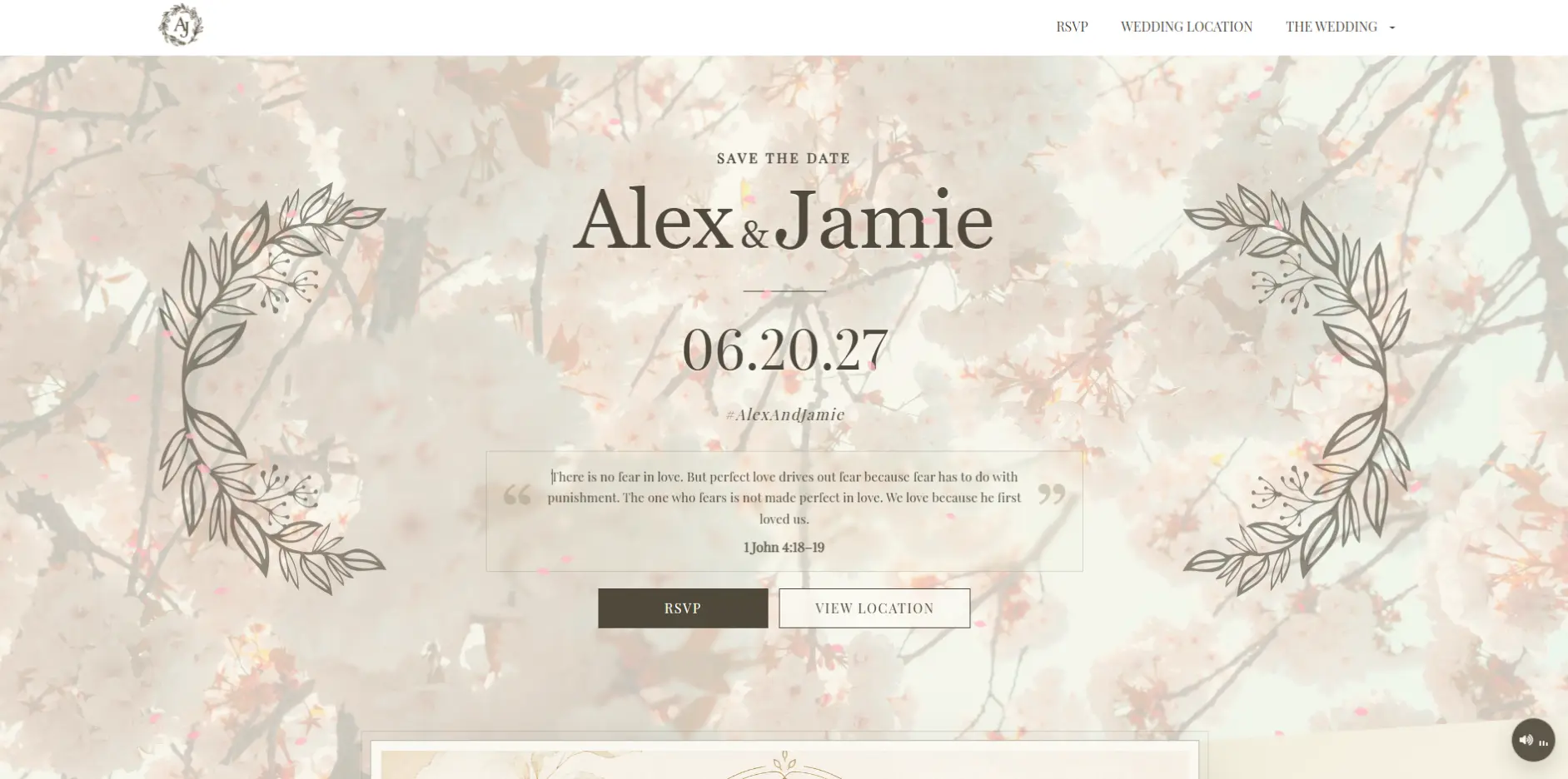 Alex and Jamie wedding RSVP website welcome screen